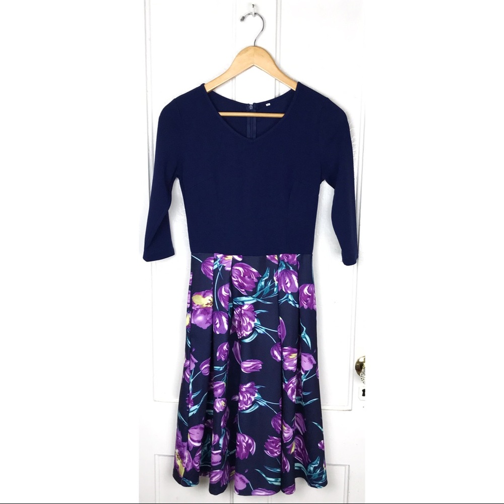 size M : 3/4 sleeve colorful floral fit & flare summer fall dress with pockets